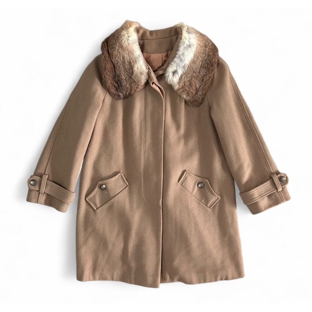 Vintage 70s Sears Women’s Tan Wool Peacoat Real Fur Collar Button Closure S/M - Picture 2 of 10